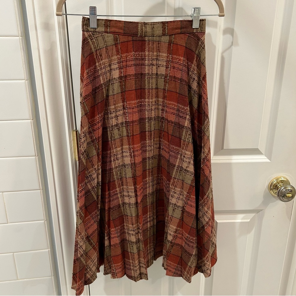 Vintage Wool Boucle Plaid Pleated A-Line Skirt Brown Burnt Orange XS - Picture 2 of 11